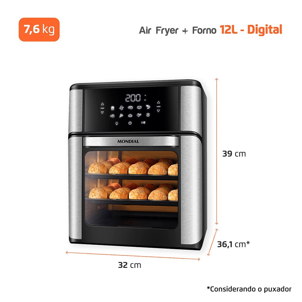 Dimensões e informações técnicas da Air Fryer Forno 12L